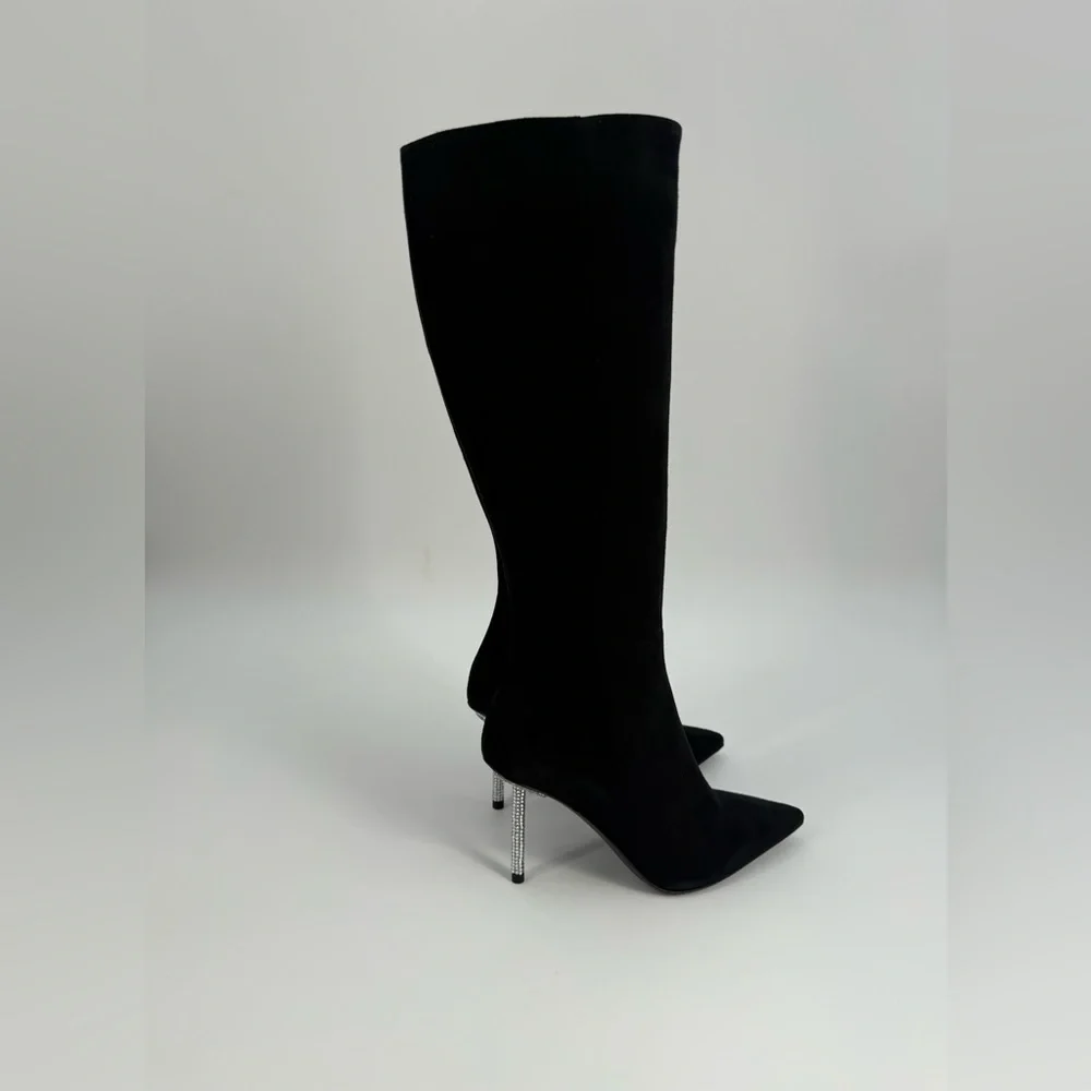 Diane B. Sophisticated Black Suede Knee-High Stiletto Boots with Rhinestone Heel - Picture 14 of 16